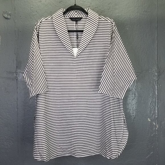 Ming Wang Heritage Fit Blouse Women's L Poplin Shawl Collar V-Neck Stripe NEW - Picture 1 of 16